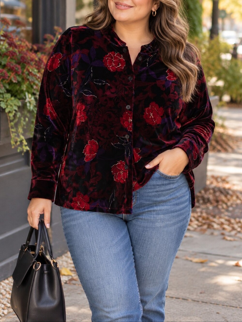 Jennifer Moore Burgundy Purple Floral Velvet Button Front Stretch Shirt